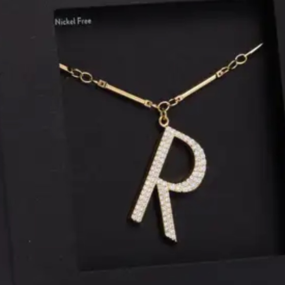 Nordstrom Cubic Zirconia "R" Initial GOLD PAPERCLIP CHAIN Pendant Necklace NIB